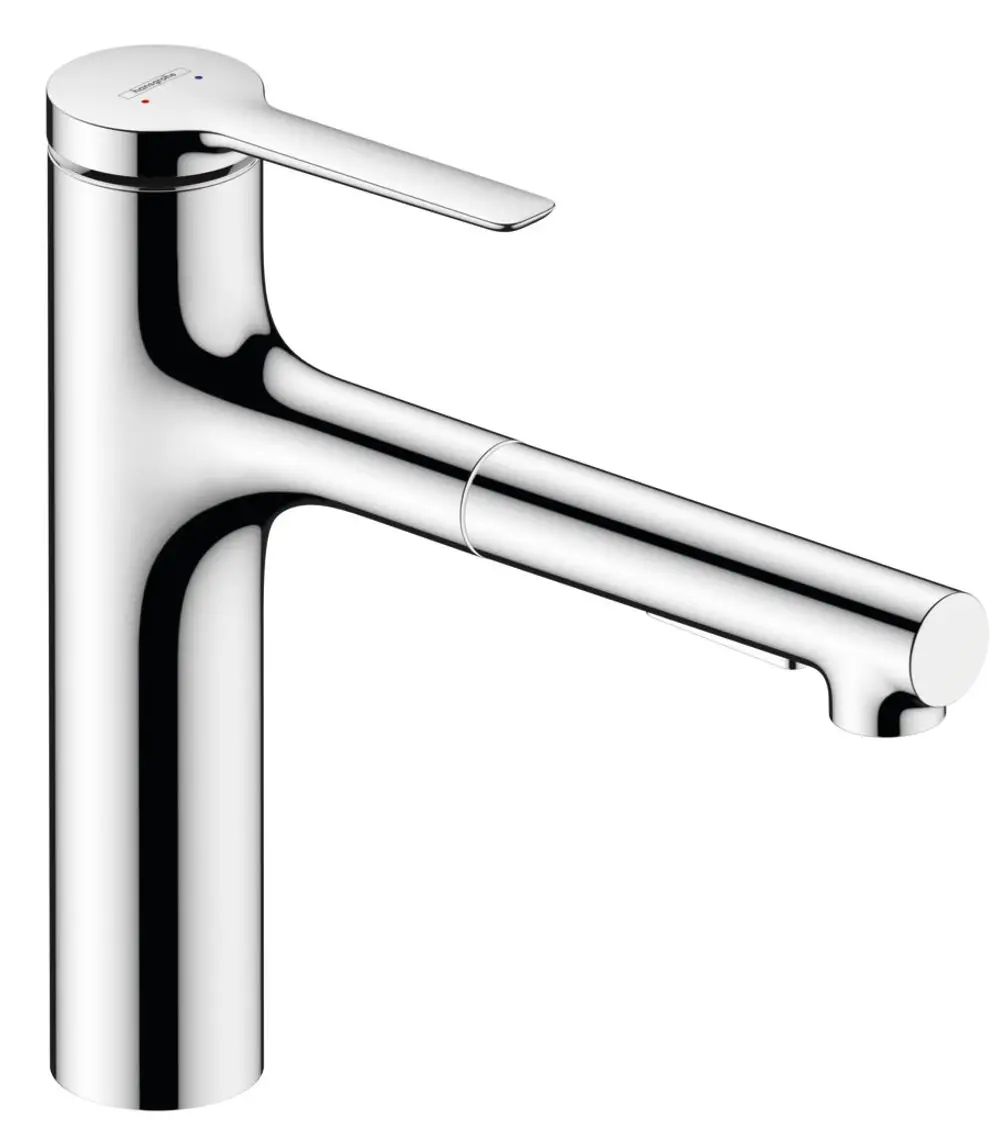 Hochglanzverchromter Küchenarmatur von Hansgrohe mit klarem Design, einhebeliger Steuerung und seitlichem Auslauf. Ausziehbar mit zwei Strahlarten.
